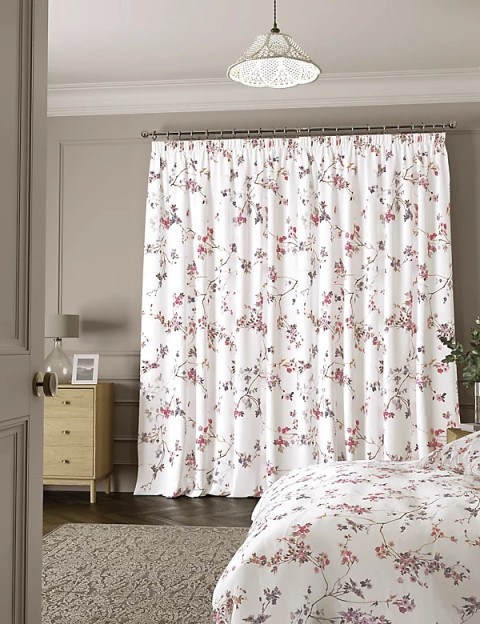 Sateen Cherry Blossom Pencil Pleat Blackout Curtains