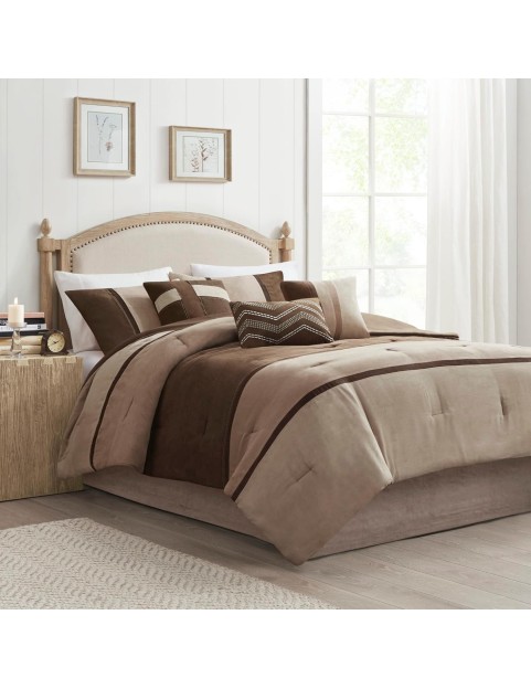 Palisades Comforter Set Modern Faux Suede Pieced Stripe Design, All Season Down Alternative Cozy Bedding with Matching Shams, Decorative Pillows, Cal King(104