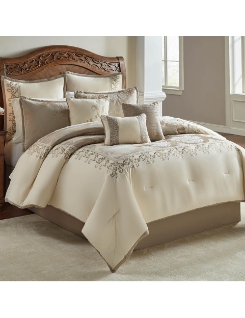 100% Polyester Comforter Set, Queen, Hillcrest - Ivory/Gold, 9 Piece Set