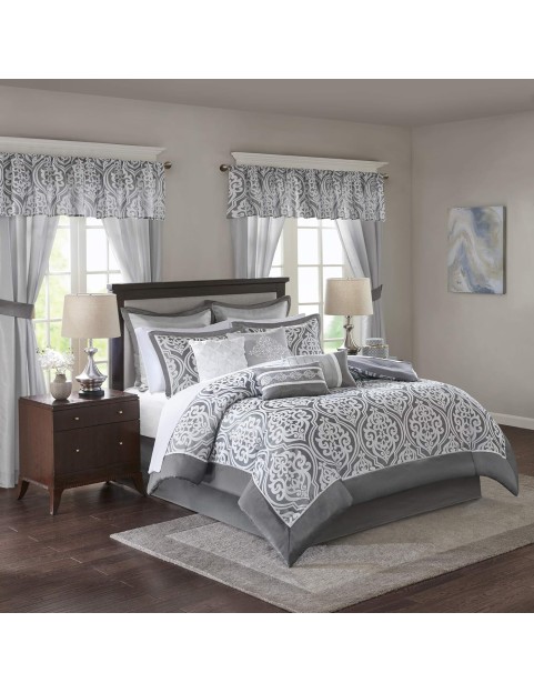 Cozy Comforter Set Jacquard Damask MedallionDesignModern All Season, Down Alternative Bedding, Shams, Decorative Pillows,Cal King(104 in x 92 in), Grey RIAB 24 Piece