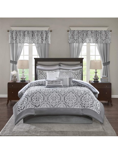 Cozy Comforter Set Jacquard Damask MedallionDesignModern All Season, Down Alternative Bedding, Shams, Decorative Pillows,Cal King(104 in x 92 in), Grey RIAB 24 Piece