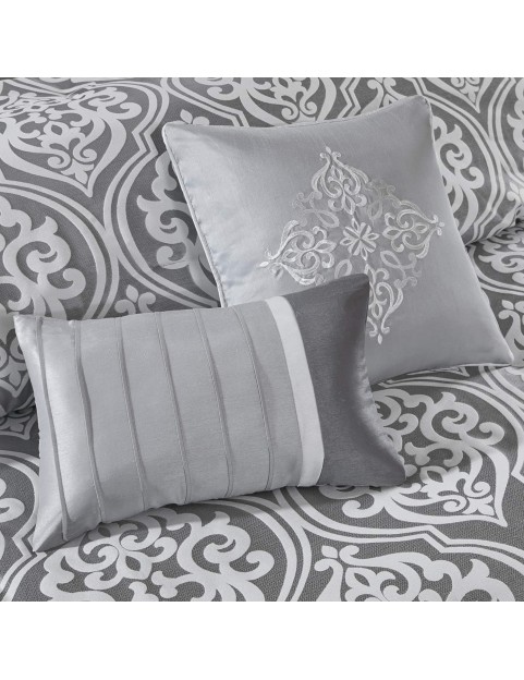 Cozy Comforter Set Jacquard Damask MedallionDesignModern All Season, Down Alternative Bedding, Shams, Decorative Pillows,Cal King(104 in x 92 in), Grey RIAB 24 Piece