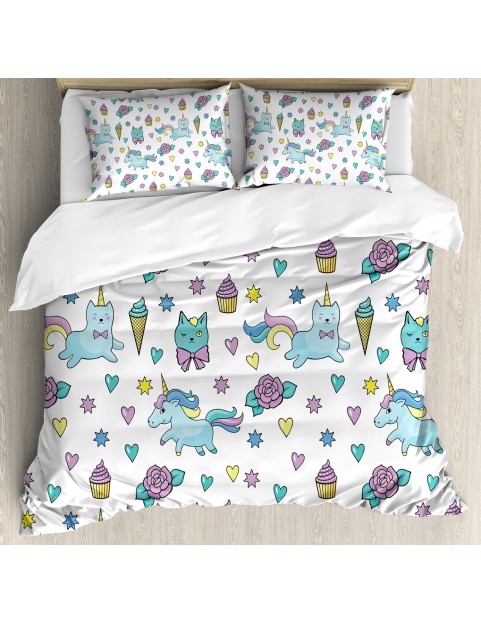 Unicorn Cat Duvet Cover Set, Girls Pattern with Hearts Stars Flowers Ice Cream Funny, Decorative 3 Piece Bedding Set with 2 Pillow Shams, King Size, Soft Blue