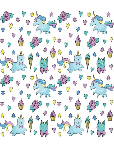 Unicorn Cat Duvet Cover Set, Girls Pattern with Hearts Stars Flowers Ice Cream Funny, Decorative 3 Piece Bedding Set with 2 Pillow Shams, King Size, Soft Blue