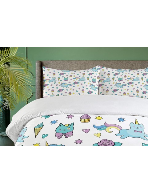 Unicorn Cat Duvet Cover Set, Girls Pattern with Hearts Stars Flowers Ice Cream Funny, Decorative 3 Piece Bedding Set with 2 Pillow Shams, King Size, Soft Blue