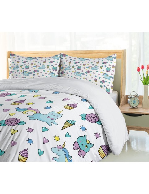 Unicorn Cat Duvet Cover Set, Girls Pattern with Hearts Stars Flowers Ice Cream Funny, Decorative 3 Piece Bedding Set with 2 Pillow Shams, King Size, Soft Blue