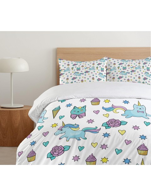 Unicorn Cat Duvet Cover Set, Girls Pattern with Hearts Stars Flowers Ice Cream Funny, Decorative 3 Piece Bedding Set with 2 Pillow Shams, King Size, Soft Blue