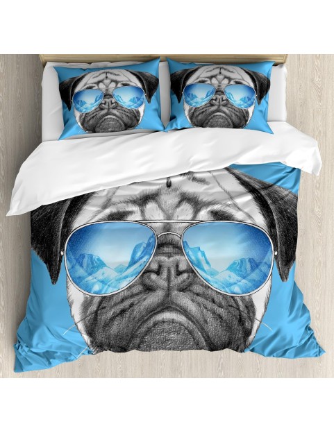 Pug Duvet Cover Set, Dog Portrait Mirror Sunglasses Hand Drawn Illustration of Pet Animal Funny, Decorative 3 Piece Bedding Set with 2 Pillow Shams, King Size, Black Pearl Blue