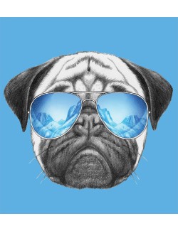 Pug Duvet Cover Set, Dog Portrait Mirror Sunglasses Hand Drawn Illustration of Pet Animal Funny, Decorative 3 Piece Bedding Set with 2 Pillow Shams, King Size, Black Pearl Blue