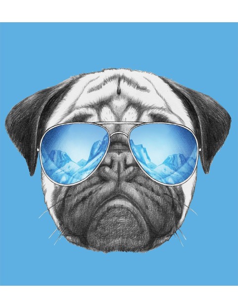 Pug Duvet Cover Set, Dog Portrait Mirror Sunglasses Hand Drawn Illustration of Pet Animal Funny, Decorative 3 Piece Bedding Set with 2 Pillow Shams, King Size, Black Pearl Blue