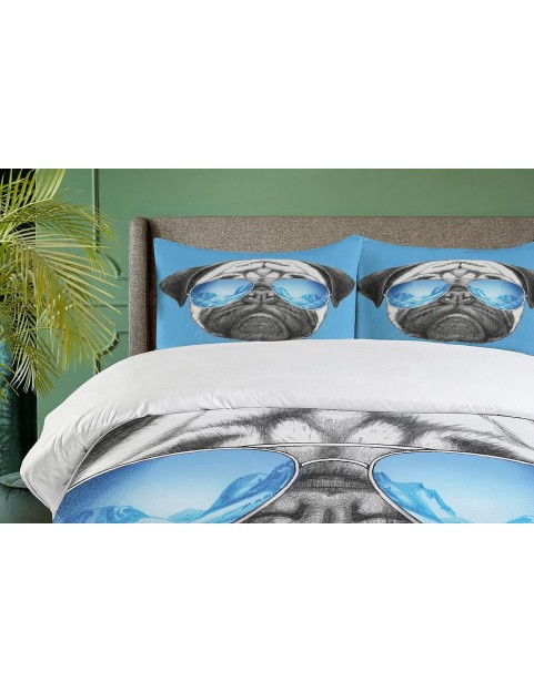 Pug Duvet Cover Set, Dog Portrait Mirror Sunglasses Hand Drawn Illustration of Pet Animal Funny, Decorative 3 Piece Bedding Set with 2 Pillow Shams, King Size, Black Pearl Blue