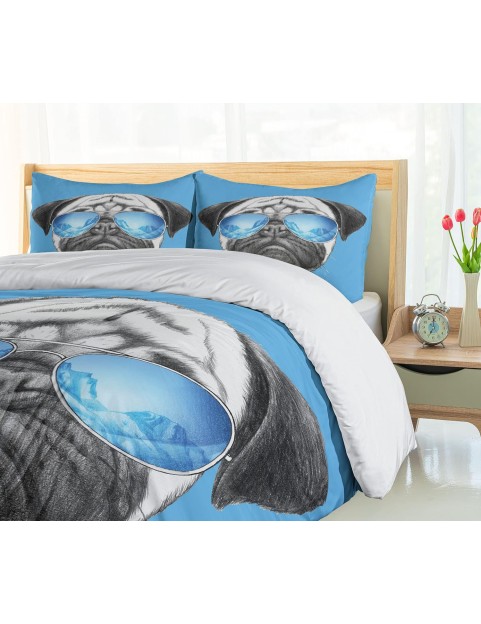 Pug Duvet Cover Set, Dog Portrait Mirror Sunglasses Hand Drawn Illustration of Pet Animal Funny, Decorative 3 Piece Bedding Set with 2 Pillow Shams, King Size, Black Pearl Blue