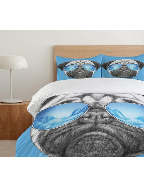 Pug Duvet Cover Set, Dog Portrait Mirror Sunglasses Hand Drawn Illustration of Pet Animal Funny, Decorative 3 Piece Bedding Set with 2 Pillow Shams, King Size, Black Pearl Blue