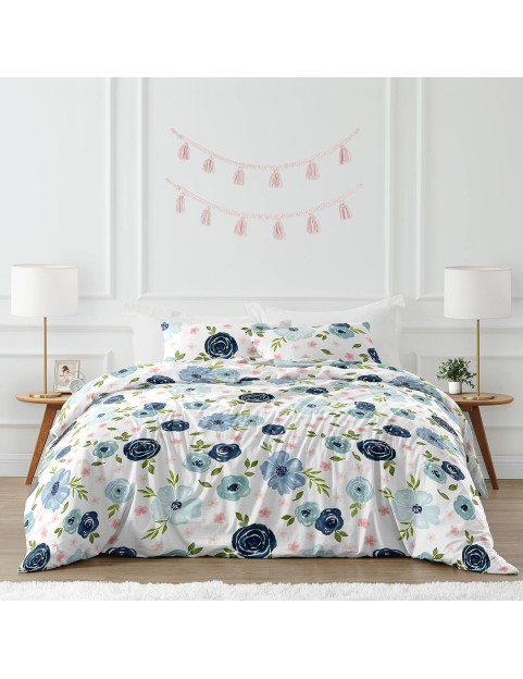 Navy Blue and Pink Watercolor Floral Girl Full/Queen Size Kid Childrens Bedding Comforter Set - 3 Pieces - Blush, Green and White Shabby Chic Rose Flower