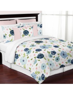 Navy Blue and Pink Watercolor Floral Girl Full/Queen Size Kid Childrens Bedding Comforter Set - 3 Pieces - Blush, Green and White Shabby Chic Rose Flower