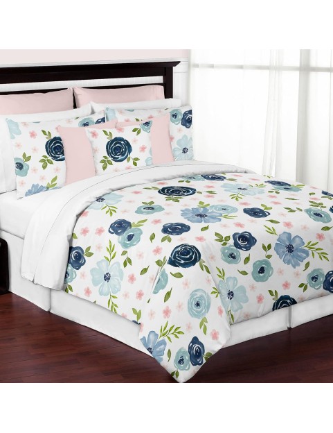 Navy Blue and Pink Watercolor Floral Girl Full/Queen Size Kid Childrens Bedding Comforter Set - 3 Pieces - Blush, Green and White Shabby Chic Rose Flower