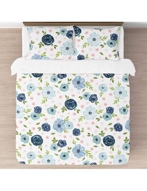 Navy Blue and Pink Watercolor Floral Girl Full/Queen Size Kid Childrens Bedding Comforter Set - 3 Pieces - Blush, Green and White Shabby Chic Rose Flower