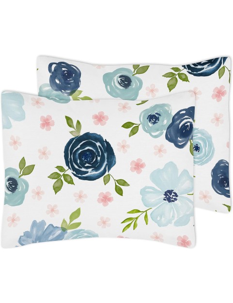 Navy Blue and Pink Watercolor Floral Girl Full/Queen Size Kid Childrens Bedding Comforter Set - 3 Pieces - Blush, Green and White Shabby Chic Rose Flower