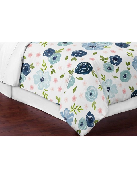 Navy Blue and Pink Watercolor Floral Girl Full/Queen Size Kid Childrens Bedding Comforter Set - 3 Pieces - Blush, Green and White Shabby Chic Rose Flower