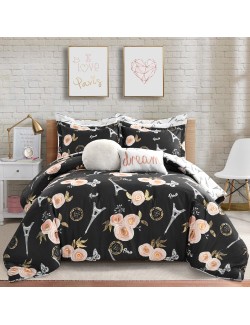 Black Vintage Paris Rose Butterfly 7-Piece Comforter Bed Set, Reversible Bedding (Full/Queen)