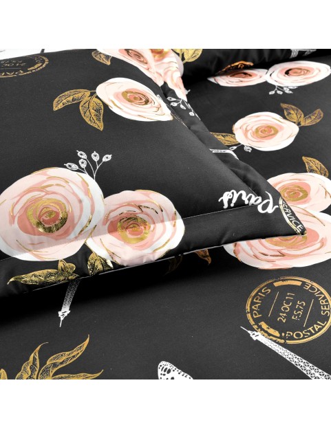 Black Vintage Paris Rose Butterfly 7-Piece Comforter Bed Set, Reversible Bedding (Full/Queen)