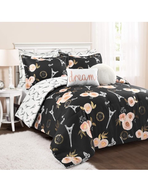 Black Vintage Paris Rose Butterfly 7-Piece Comforter Bed Set, Reversible Bedding (Full/Queen)