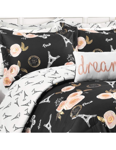 Black Vintage Paris Rose Butterfly 7-Piece Comforter Bed Set, Reversible Bedding (Full/Queen)