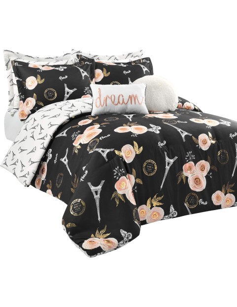 Black Vintage Paris Rose Butterfly 7-Piece Comforter Bed Set, Reversible Bedding (Full/Queen)