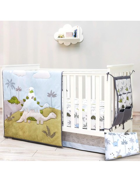 Dinosaur Crib Bedding Set for Boys, Dinosaur Crib Set includes - Dino Blanket, 2 Fitted Sheets, Pillowcase, Crib Skirt, Nursery Organizer - Dino Theme, Blue-White, 6 Piece boy crib bedding set