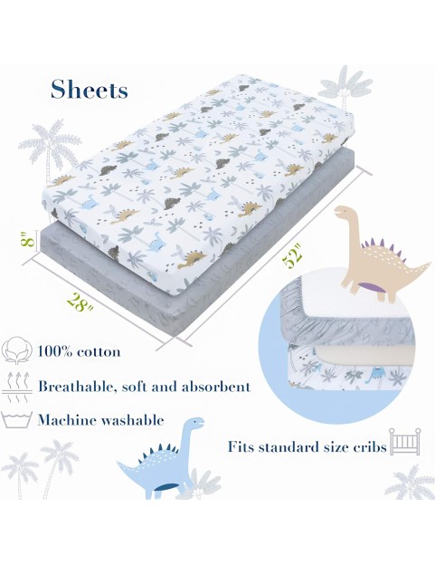 Dinosaur Crib Bedding Set for Boys, Dinosaur Crib Set includes - Dino Blanket, 2 Fitted Sheets, Pillowcase, Crib Skirt, Nursery Organizer - Dino Theme, Blue-White, 6 Piece boy crib bedding set