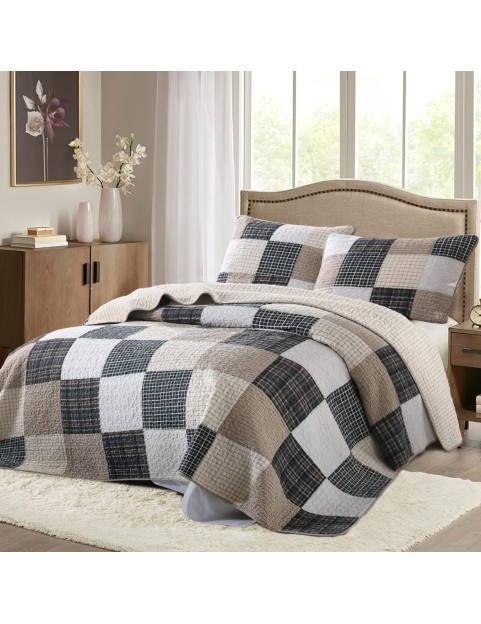 100% Cotton King Size Quilt Set - Lightweight Bedding Set, Real-patchwork Plaid Pattern Printed Farmhouse Bedspreads, Soft Reversible Coverlet Comforter for All Season, 3 Pieces