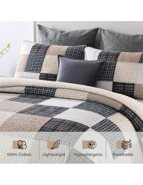 100% Cotton King Size Quilt Set - Lightweight Bedding Set, Real-patchwork Plaid Pattern Printed Farmhouse Bedspreads, Soft Reversible Coverlet Comforter for All Season, 3 Pieces