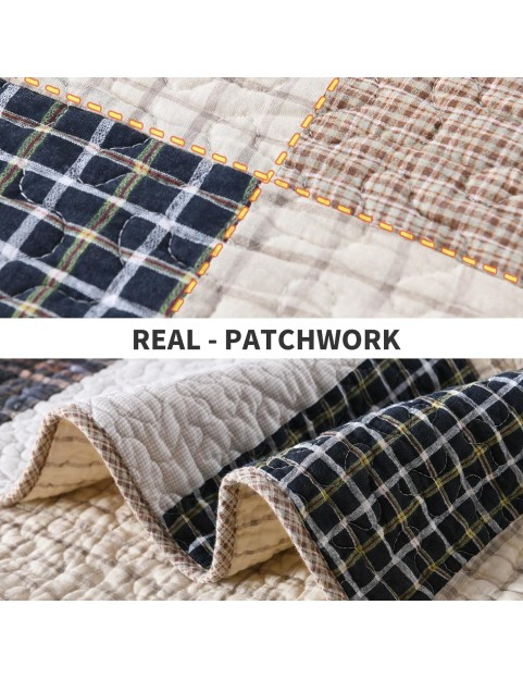 100% Cotton King Size Quilt Set - Lightweight Bedding Set, Real-patchwork Plaid Pattern Printed Farmhouse Bedspreads, Soft Reversible Coverlet Comforter for All Season, 3 Pieces