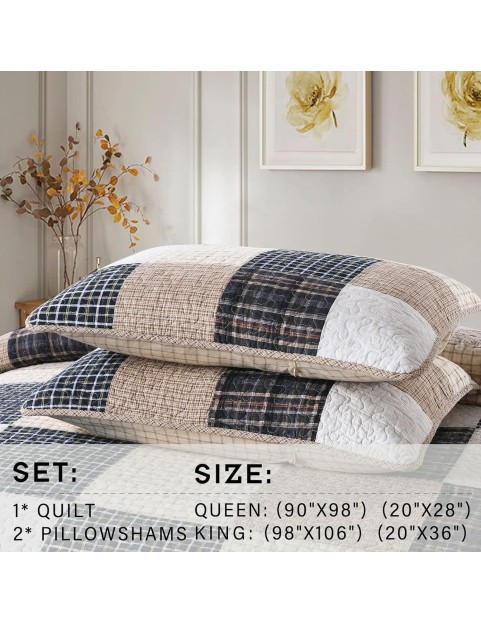 100% Cotton King Size Quilt Set - Lightweight Bedding Set, Real-patchwork Plaid Pattern Printed Farmhouse Bedspreads, Soft Reversible Coverlet Comforter for All Season, 3 Pieces