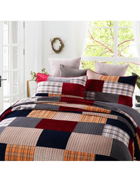 Imports Velvet King Size Comforter Set- Cotton & Velvet Quilt King Size Set, Red, Black bedspreads (96 * 108 Inch) with 2 Pillow Shams, Patchwork Reversible Lightweight Bedding