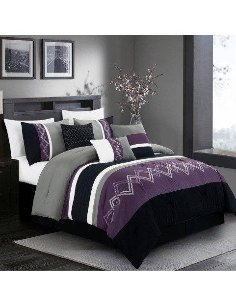 Collection Arden 7-Piece Modern Pleated Stripe Embroidered Zigzag Bedding Comforter Set (King, Purple/Black/Gray/White)