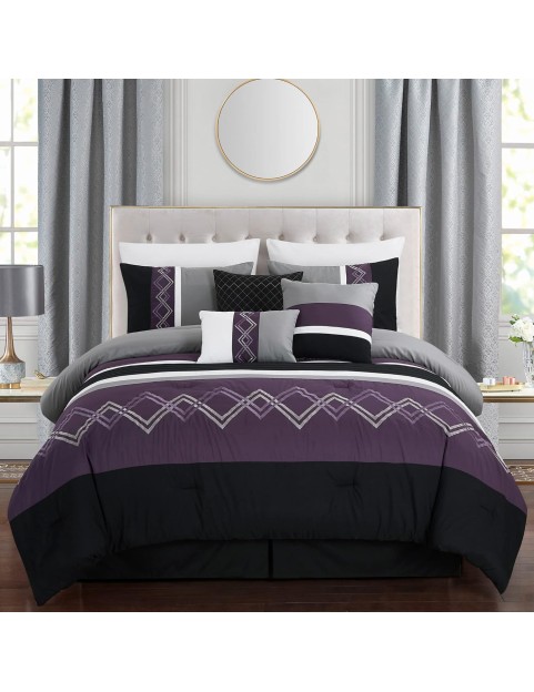 Collection Arden 7-Piece Modern Pleated Stripe Embroidered Zigzag Bedding Comforter Set (King, Purple/Black/Gray/White)