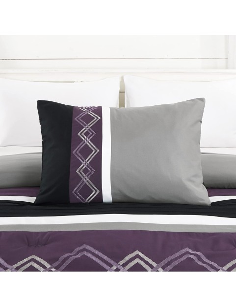 Collection Arden 7-Piece Modern Pleated Stripe Embroidered Zigzag Bedding Comforter Set (King, Purple/Black/Gray/White)