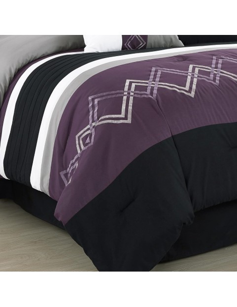 Collection Arden 7-Piece Modern Pleated Stripe Embroidered Zigzag Bedding Comforter Set (King, Purple/Black/Gray/White)