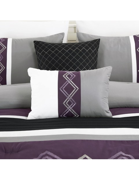 Collection Arden 7-Piece Modern Pleated Stripe Embroidered Zigzag Bedding Comforter Set (King, Purple/Black/Gray/White)