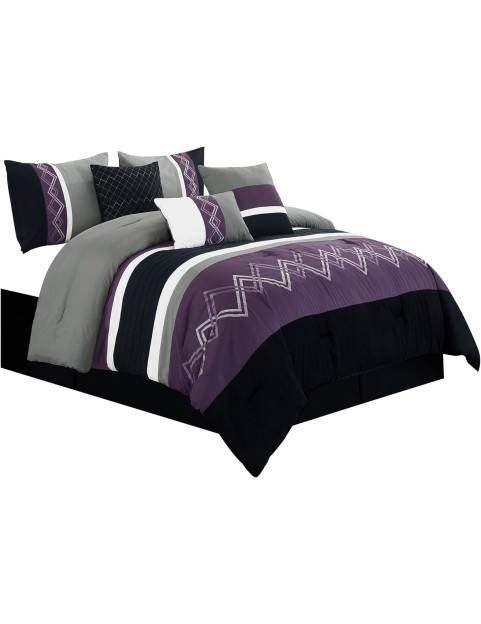 Collection Arden 7-Piece Modern Pleated Stripe Embroidered Zigzag Bedding Comforter Set (King, Purple/Black/Gray/White)