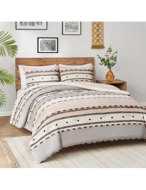 Modern Farmhouse Comforter Set King, Boho Tufted Bedding, Cotton Top with Neutral Rustic Style Clipped Jacquard Stripes Bed Sets, 3-Pieces Including Matching Pillow Shams (104