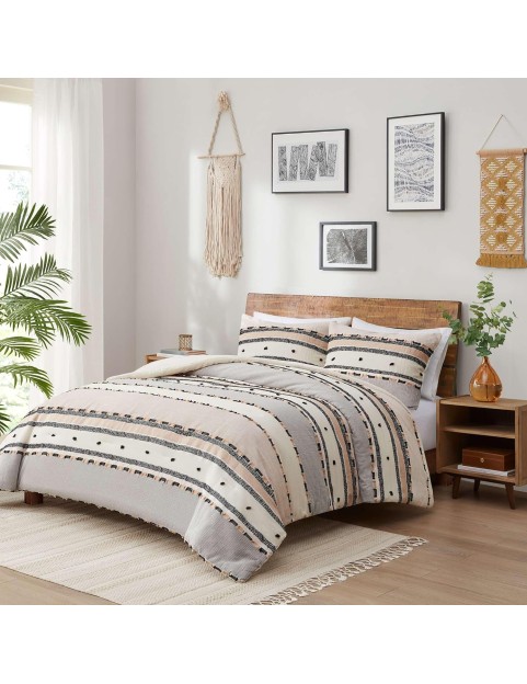 Modern Farmhouse Comforter Set King, Boho Tufted Bedding, Cotton Top with Neutral Rustic Style Clipped Jacquard Stripes Bed Sets, 3-Pieces Including Matching Pillow Shams (104