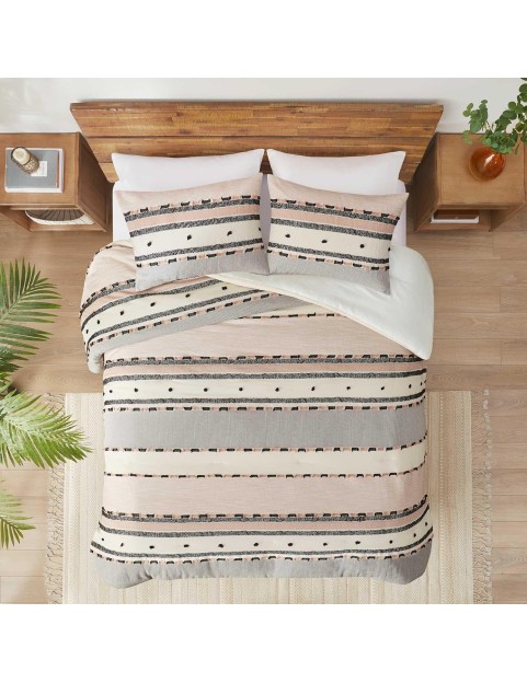 Modern Farmhouse Comforter Set King, Boho Tufted Bedding, Cotton Top with Neutral Rustic Style Clipped Jacquard Stripes Bed Sets, 3-Pieces Including Matching Pillow Shams (104