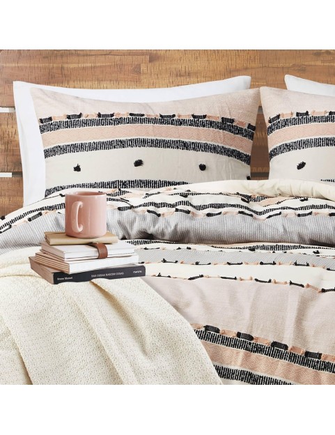 Modern Farmhouse Comforter Set King, Boho Tufted Bedding, Cotton Top with Neutral Rustic Style Clipped Jacquard Stripes Bed Sets, 3-Pieces Including Matching Pillow Shams (104