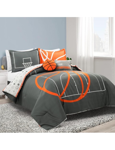 Basketball Game Reversible Oversized 5 Piece Comforter Set - Cozy & Soft Kids Sports Themed Bedding Set - Full/ Queen, Charcoal