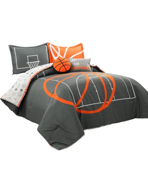 Basketball Game Reversible Oversized 5 Piece Comforter Set - Cozy & Soft Kids Sports Themed Bedding Set - Full/ Queen, Charcoal