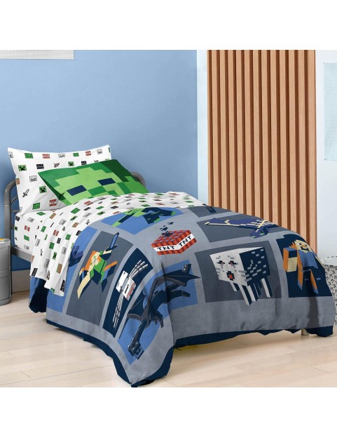 Minecraft Emblematic Twin Bed Set Features Creeper, Alex & Steve - 5 Piece 100% Organic Cotton Bedding - GOTS & Oeko-TEX Certified (Minecraft Official)