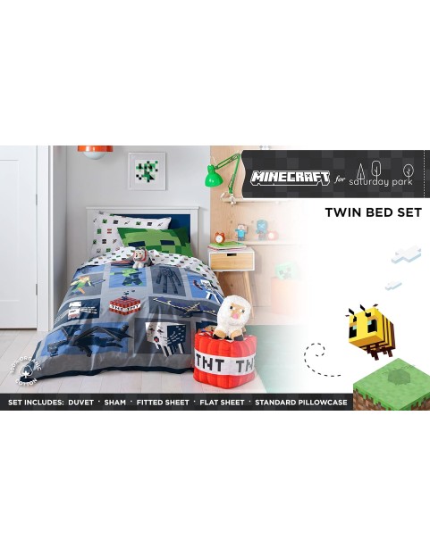 Minecraft Emblematic Twin Bed Set Features Creeper, Alex & Steve - 5 Piece 100% Organic Cotton Bedding - GOTS & Oeko-TEX Certified (Minecraft Official)