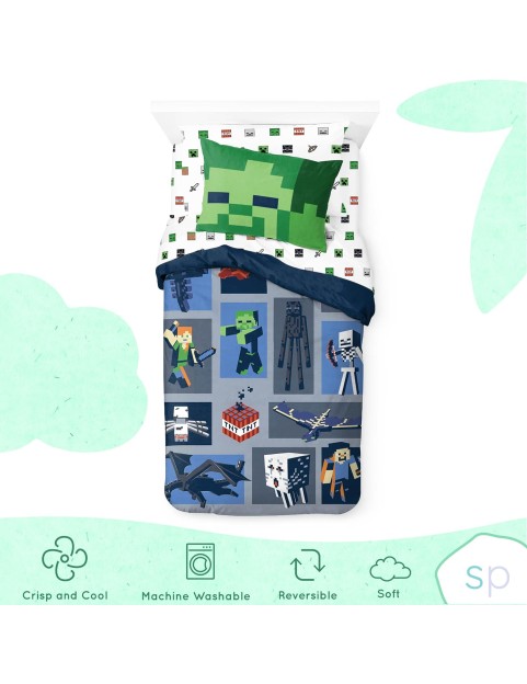 Minecraft Emblematic Twin Bed Set Features Creeper, Alex & Steve - 5 Piece 100% Organic Cotton Bedding - GOTS & Oeko-TEX Certified (Minecraft Official)